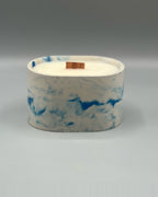Rencarie Half Oval cement candle, Blue/White marbled
