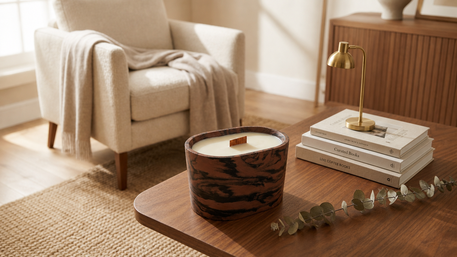 A brown marbled candle in a living room