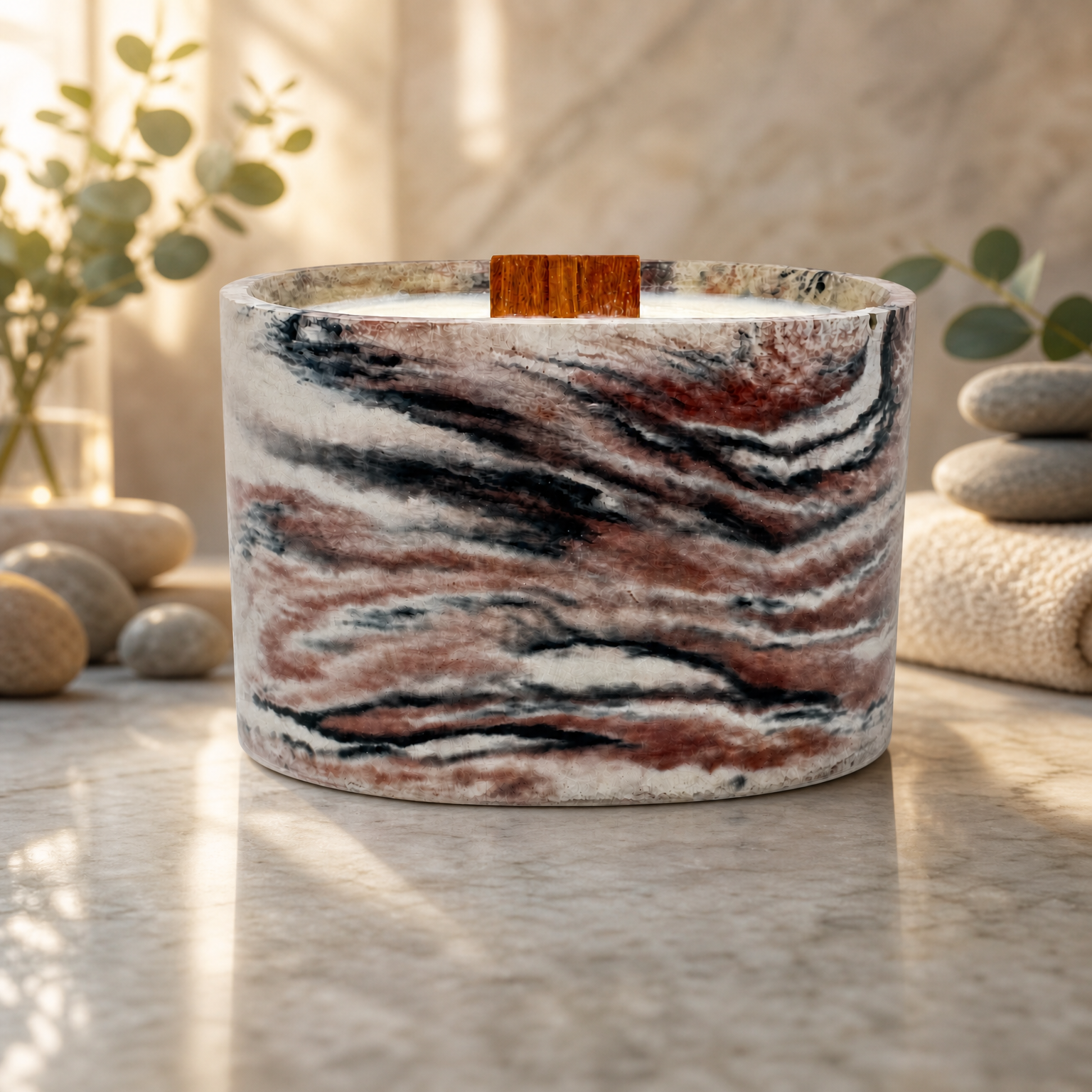 A multi-brown marbled candle beside smooth stones