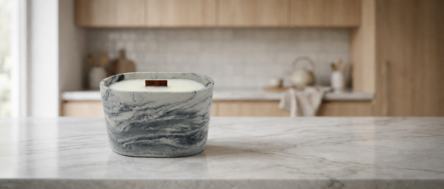 A marbled candle on a light kitchen counter