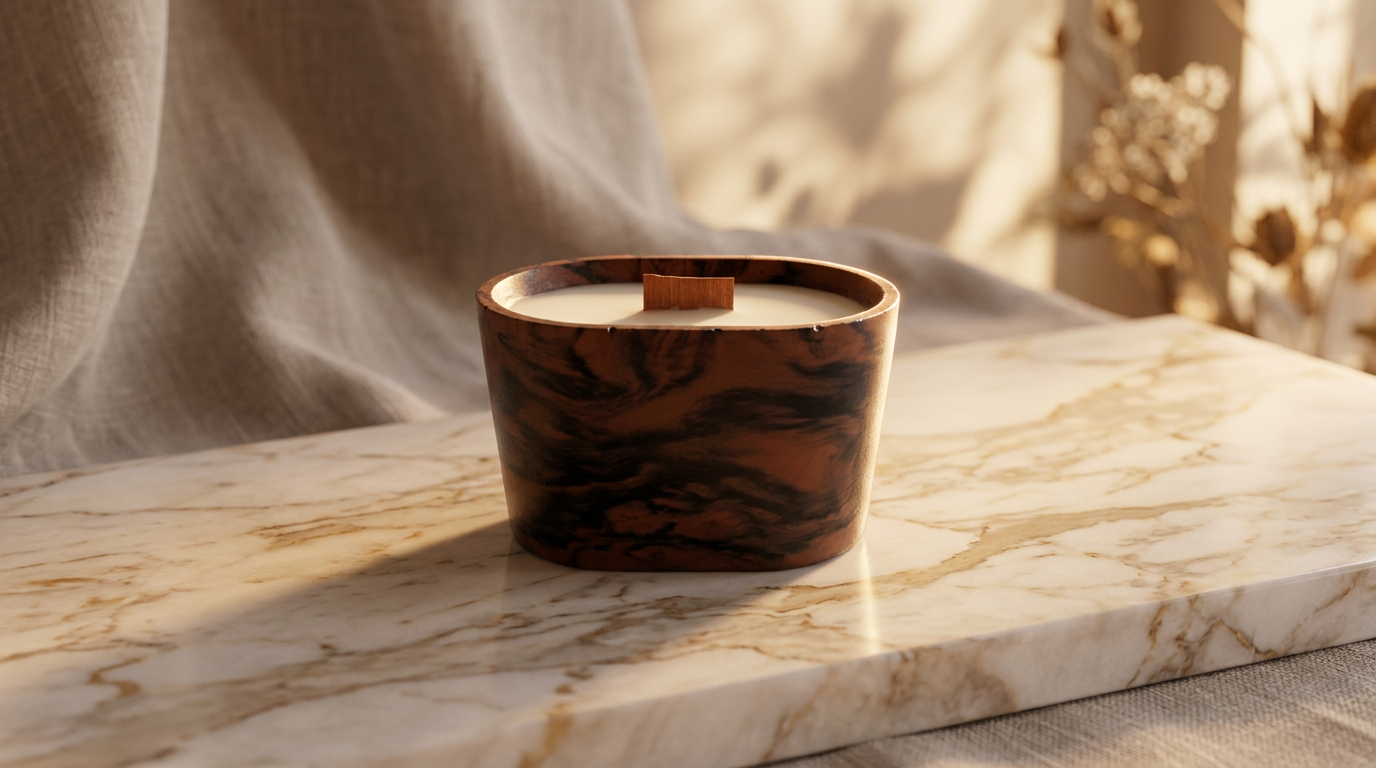 A brown marbled vessel on marble beside linen