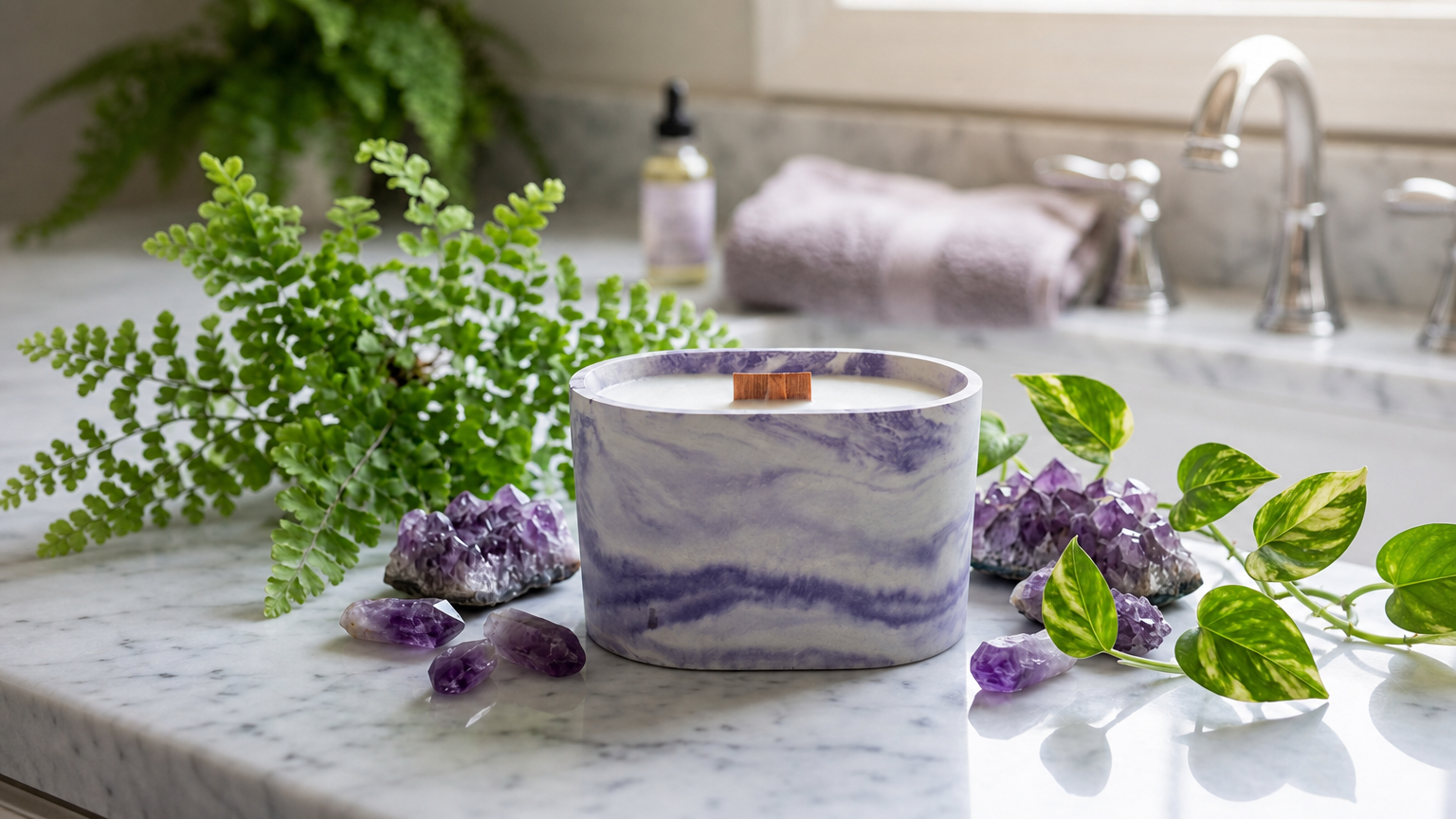 A purple marbled vessel with crystals