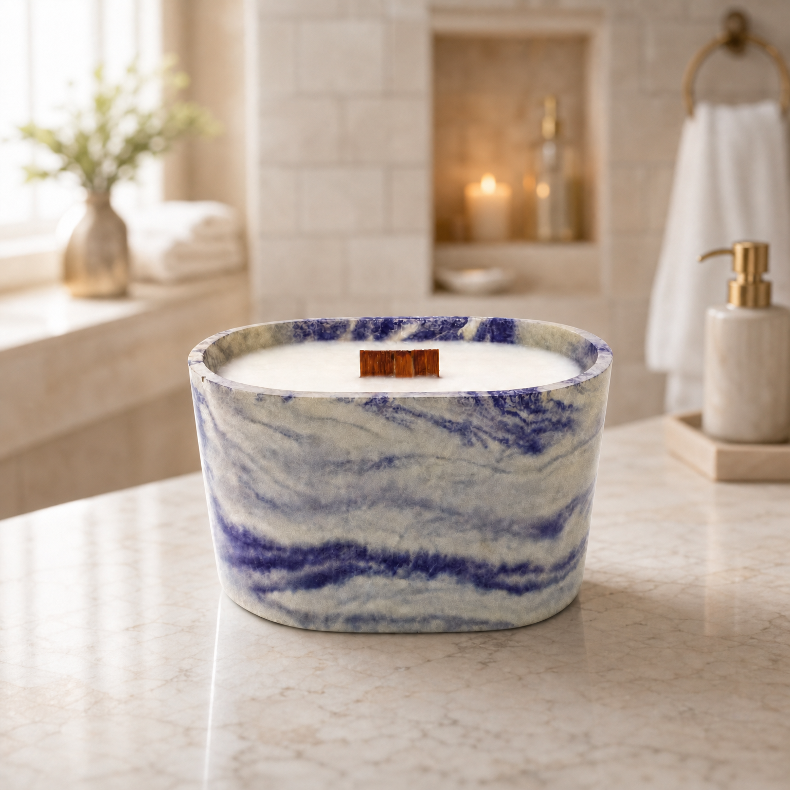 A purple marbled vessel on a bathroom counter