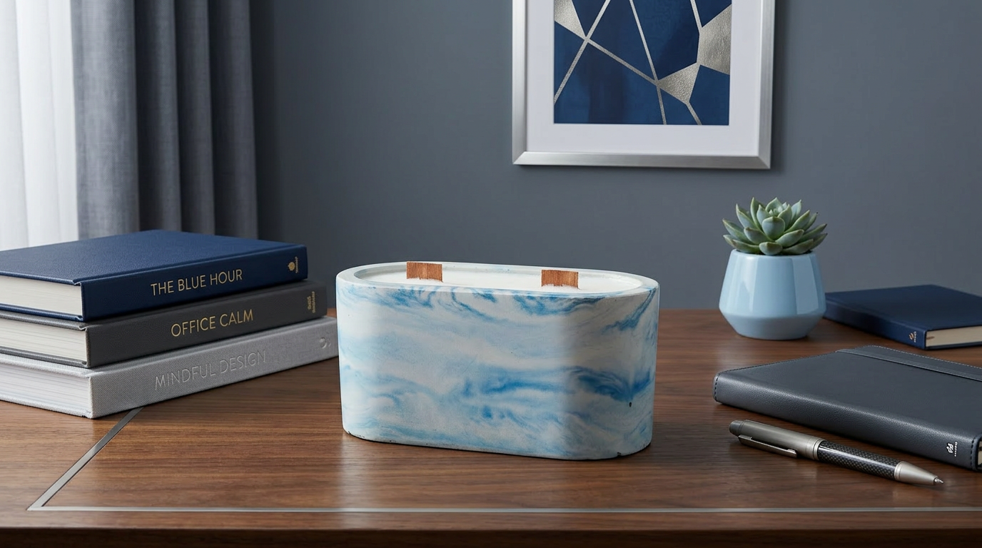 Blue and brown marbled candles on a desk